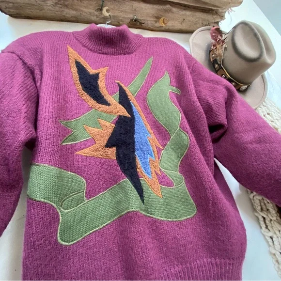 LAST Chance Purple Rare Appliqué retro vintage wool blend sweater - Picture 6 of 10